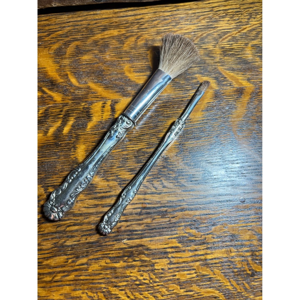 Vintage Silver Plate Repousse Makeup Brush Set Ornate Floral Vanity Accessories